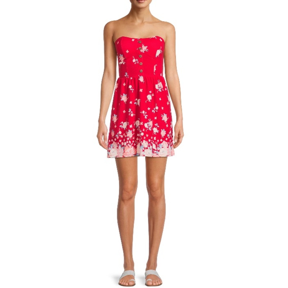 Strapless Red Floral Juniors Button-Front Foam Cup Dress Size XL/XG (15-17) - Picture 2 of 15